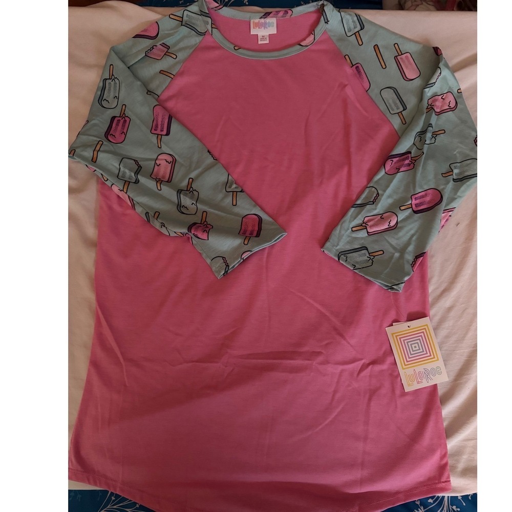 LuLaRoe Randy T-Shirt Medium Pink Blue Popsicle Print Raglan Baseball Tee NWT